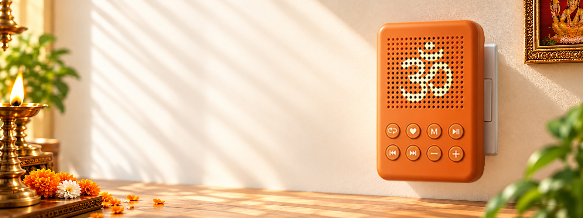 SIRO Bhakti Audio Player on a sunlit wall beside a brass lamp, marigold flowers and a green plant, with 200+ minutes of preloaded devotional content