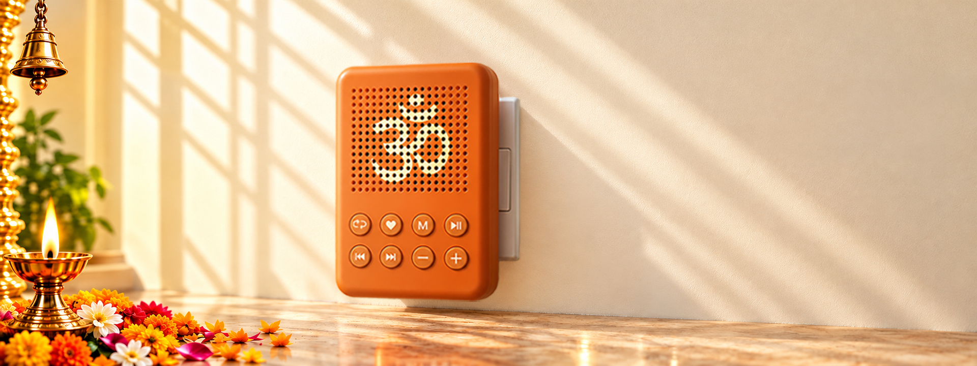 SIRO Bhakti Audio Player on a wall socket beside a brass bell, diya and flowers, with sunlight across the wall