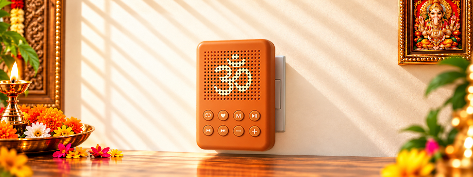 SIRO Bhakti Audio Player on a wall socket with 8 simple buttons, beside a brass lamp, marigold flowers and a framed Ganesha picture