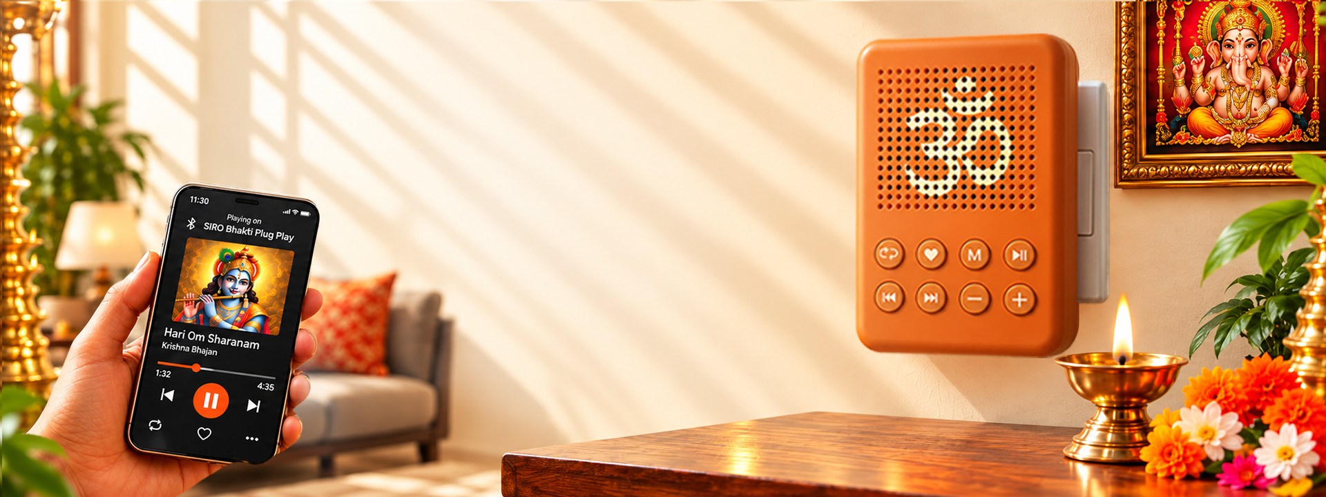 A hand holding a phone playing a Krishna bhajan over Bluetooth, next to a SIRO Bhakti Audio Player on the wall in a puja room with a brass lamp and a framed Ganesha picture